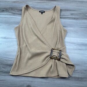 EXPRESS Ribbed Sleeveless Faux Wrap Top with Tortoise Buckle Tan Medium